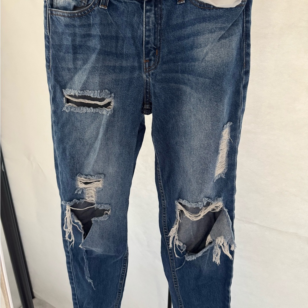 Fashion Nova Women's Distressed Dark Blue Boyfriend Jeans